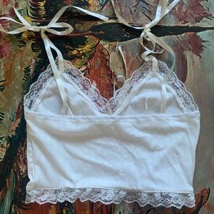White crop top with lace trim and ribbon straps